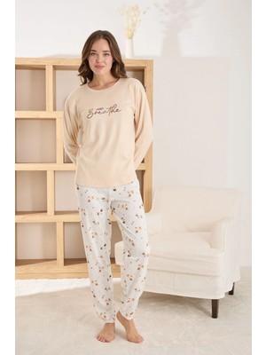 Pijamoni Kadın Termal Kumaş Bisiklet Yaka Ekru Pijama Takımı