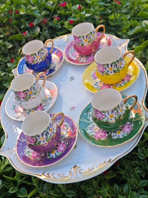 Manushum El Boyama Porselen 6lı Set Osmanlı Saray Kahve Fincan Takımı-6renk