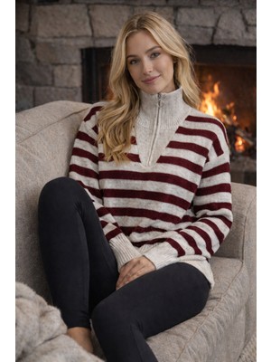 We&Me Kadın Dik Yaka Fermuarlı Boğazlı Çizgili Triko Kazak
