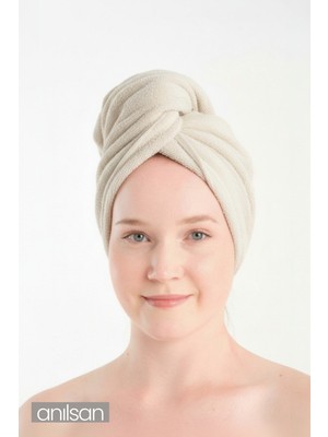 Anılsan Havlu Saç Bonesi Ekru %100Pamuk Saç Kurutma, Kurulama, Duş Banyo Baş Havlusu