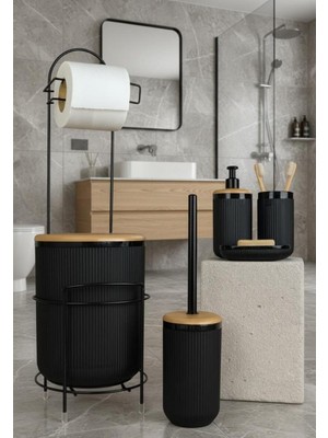 Okyanus Home Siyah Yuvarlak Linea Due Standlı Wc Kağıtlık ve 6 Parça Banyo Seti