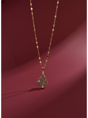 Aurrari Altın Kaplama Yılbaşı Ağacı Zirkon Taşlı Çelik Kolye – Yılbaşı Hediyesi