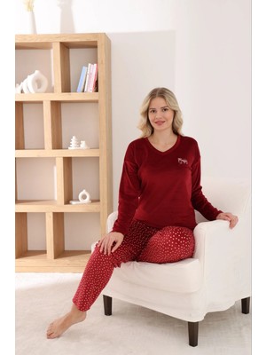 Pijamoni Kadın Fransız Kumaş V Yaka Puantiyeli Bordo Pijama Takımı