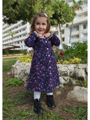 Burcumay Kışlık Kalın Çiçek Desenli Cepli Pazen Kumaş Bebe Yaka Lacivert Kız Çocuk Elbise