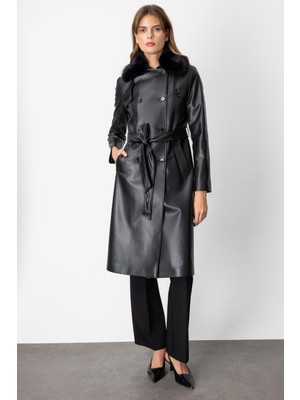 Ekol Kadın Yakası Kürklü Deri Trençkot 3013 Siyah