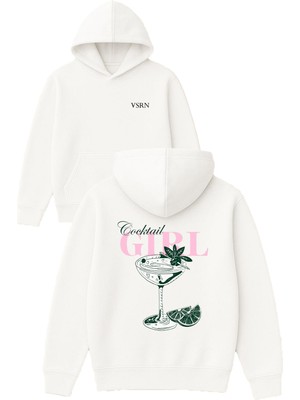 Vsrn Cocktail Girl Tasarım Baskılı Oversize Beyaz Kapüşonlu Sweatshirt