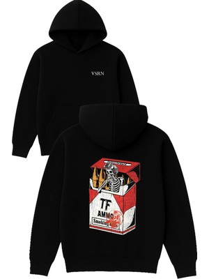 Vsrn Iskelet Mühimmat Tasarım Baskılı Oversize Siyah Kapüşonlu Sweatshirt