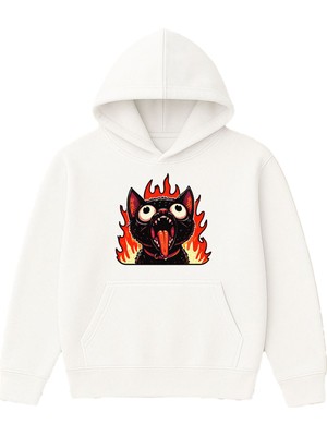Vsrn Alevli Kedi Tasarım Baskılı Oversize Beyaz Kapüşonlu Sweatshirt