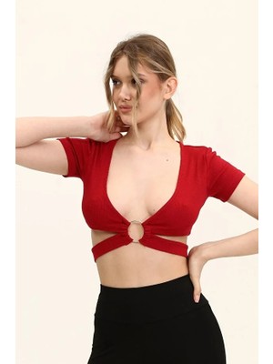 Moresun Kadın Bordo Renkli Ön Halka ve Şeritli Crop Top