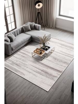 Cotto Home Tone CT001A Krem Rengi Halı Gri ve Bej Detaylı Akrilik Yumuşak Salon Halısı