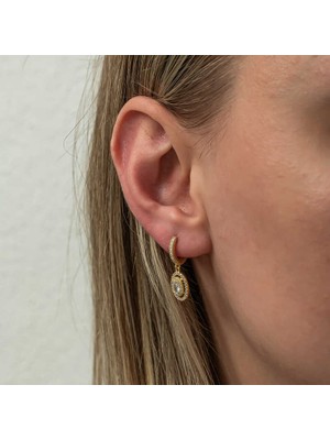 Costurera Gümüş Gold Oval Taşlı Sallantılı Küpe