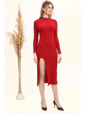 Moresun Kadın Bordo Renkli Yarım Balıkçı Tek Taraf Yırtmaçlı Elbise