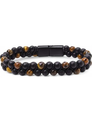 Kaplan Gözü ve Oniks Doğaltaş ve Çelik Halatlı Erkek Bileklik