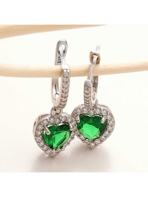 Costurera Gümüş Yeşil Taşlı Kalpli Kadın Küpe