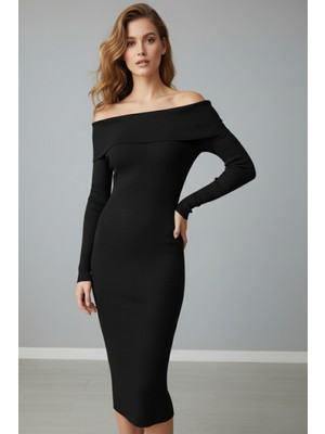 Moresun Kadın Siyah Madonna Yaka Uzun Elbise