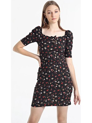 Moresun Kadın Siyah Balon Kol Kare Yaka Elbise