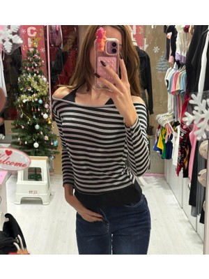 İsra Ayyıldız Moonstar Collection Siyah Gotik Antrasit Grunge Ek Askılı Açık Omuz Uzun Kollu Crop Bluz