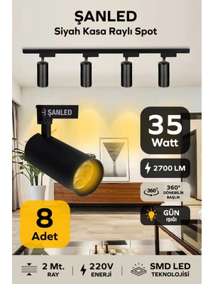 ŞANLED Siyah Kasa Gün Işığı 35W Raylı Spot / 8 Adet + 2 Metre Ray