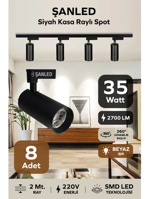 ŞANLED Siyah Kasa Beyaz Işık 35W Raylı Spot / 8 Adet + 2 Metre Ray