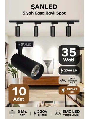 ŞANLED Siyah Kasa Beyaz Işık 35W Raylı Spot / 10 Adet + 3 Metre Ray
