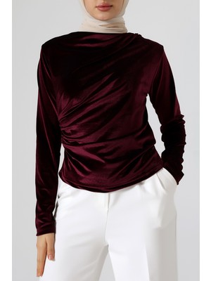 Sabr Kadife Balıkçı Yaka Büzgü Detaylı Bluz – Şık & Zarif