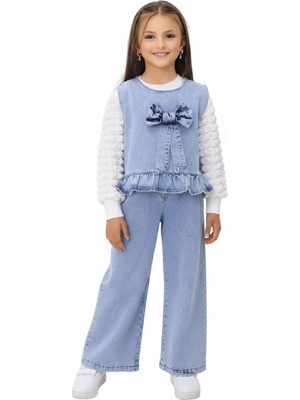 Modanino Kız Çocuk 3'lü Jean Takım (Pantolon+Yelek+Bluz) 5-10 Yaş 12467