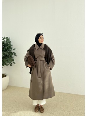 Moda Aksa Kemerli Düğmeli Premium Kaban Kahve