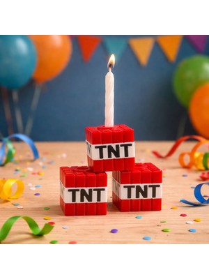 Modu3D Minecraft Tnt Tasarımlı 3'lü Mumluk Seti – Doğum Günü Pastası ve Parti Süsü