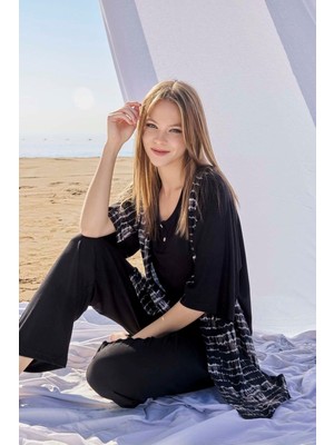 Lodos Store Aydoğan Kadın Sıfır Kol Sabahlıklı 3\'lü Pijama Takımı Viskon