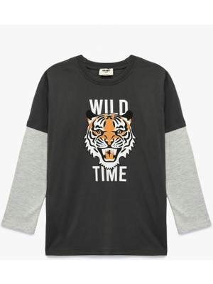 Koton Pamuklu Uzun Kollu Bisiklet Yaka Baskılı Tişört