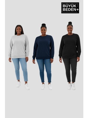 Superlife Kadın Büyük Beden Ikili Bisiklet Yaka 3'lü Set -Rahat Kalıp Ince Sweatshirt SPR26BSW956+3