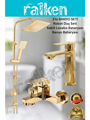 Ralken 3'lü Gold Banyo Seti; Gold (Altın) Robot Duş Seti, Kare Gold Banyo Bataryası ve Lavabo Bataryası - Yağmurlama Tepe Duş Takımı