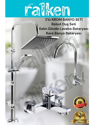 Ralken 3'lü Banyo Seti; Krom Robot Duş Seti, Kare Banyo Bataryası ve Lavabo Bataryası - Yağmurlama Tepe Duş Takımı