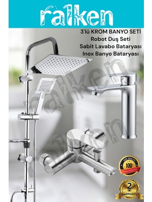 Ralken 3'lü Banyo Seti; Krom Robot Duş Seti, Inox Banyo Bataryası ve Sabit Lavabo Bataryası - Yağmurlama Tepe Duş Takımı
