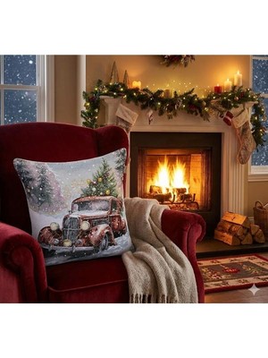 Believe Kırmızı Arabalı Yılbaşı Jakarlı Dokuma  Goblen Dekoratif Simli Kırlent 45*45