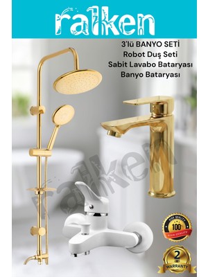 Ralken 3'lü Gold Banyo Seti; Gold (Altın) Robot Duş Seti, Beyaz Banyo Bataryası ve Lavabo Bataryası - Yağmurlama Tepe Duş Takımı