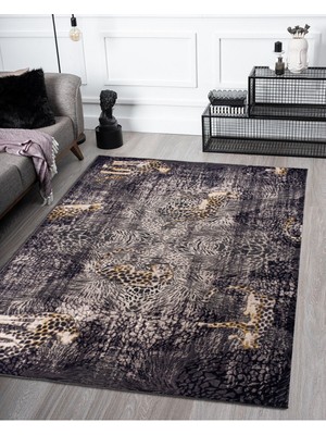 Vila Nova Home Modern Desenli  Yumuşak Tuşeli Antrasit Gold Salon Oturma Odası Halısı