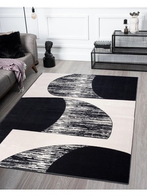 Vila Nova Home Modern Desenli  Yumuşak Tuşeli Siyah Ekru Salon Oturma Odası Halısı
