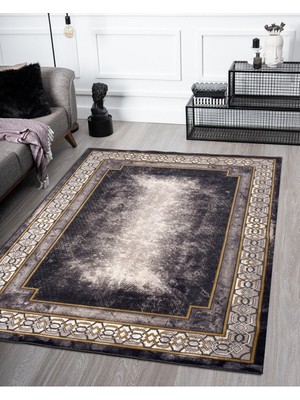 Vila Nova Home Modern Desenli  Yumuşak Tuşeli Antrasit Gold Salon Oturma Odası Halısı