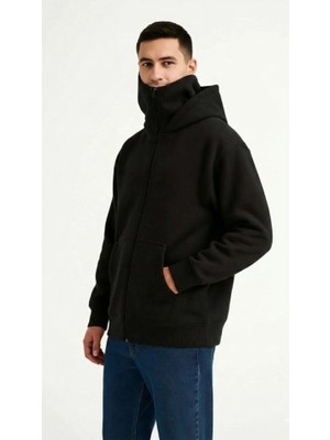 Samuray Ninja Çift Kapüşonlu Zıp Fermuarlı Kanguru Cepli Tam Fermuarlı Hoodie Sweatshirt - Siyah