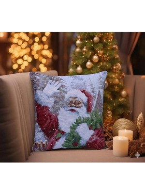Believe Yılbaşı Noel Baba Jakarlı Dokuma Goblen  Dekoratif Simli Kırlent 45*45