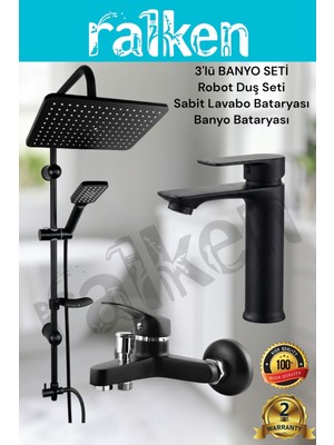 Ralken 3'lü Siyah Banyo Seti; Siyah Robot Duş Seti, Siyah Banyo Bataryası ve Sabit Lavabo Bataryası - Yağmurlama Tepe Duş Takımı