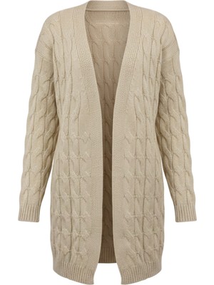 Kadın Bej Uzun Oversize Triko Hırka – Burgulu Örgü Desenli