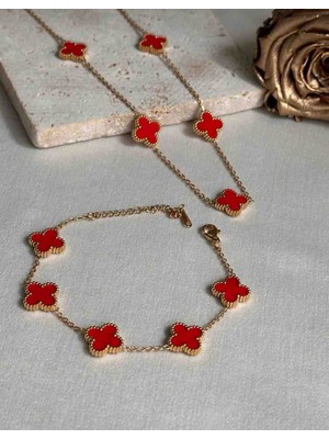Güneş Takı Gold Kırmızı Çelik Yonca Model Kolye Bileklik Set
