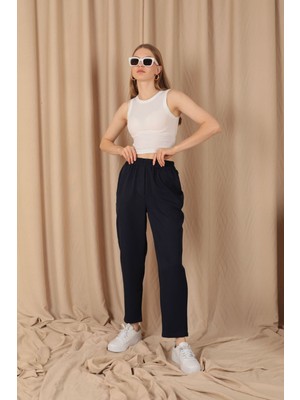Moresun Beli Lastikli Düz Kadın Lacivert Pantolon