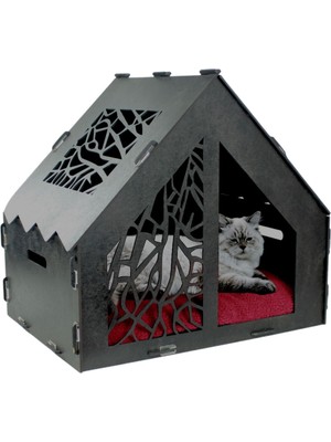 Feyza Design Ahşap Büyük Kedi Yatağı Siyah 50X35 cm Parlak Boyalı Seperatör