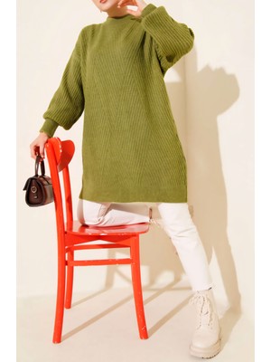 Vaniza Kabartma Asimetrik Çizgili Uzun Kollu Triko Tunik