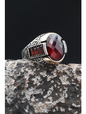 Prestige Gümüş Kırmızı Zirkon Taşlı 925 Ayar Gümüş Erkek Yüzük Zirkon Taş Süslemeli 902480