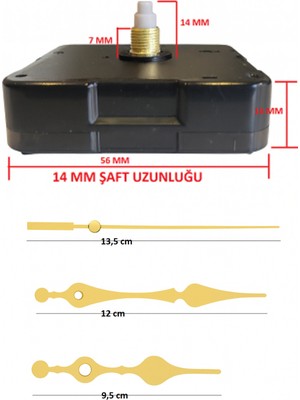 Sessiz Duvar Saati Mekanizması, 14 mm Şaft, Askısız, Tek Adet