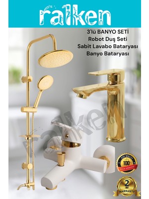 Ralken 3'lü Gold Banyo Seti; Gold (Altın) Robot Duş Seti, Beyaz Gold Banyo Bataryası ve Lavabo Bataryası - Yağmurlama Tepe Duş Takımı